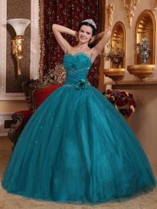 Teal Sweetheart Beaded Tulle Quinceanera Dress with Flower
