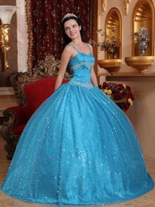 Aqua Blue Spaghetti Straps Quinceanera Gown Dresses with Sequins