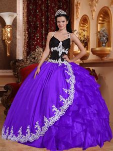 Black and Purple V-neck Taffeta and Organza Quinceanera Dresses