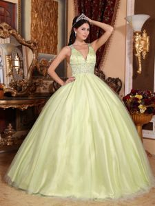 Discount Yellow Green V-neck Beaded Floor-length Sweet Sixteen Dresses