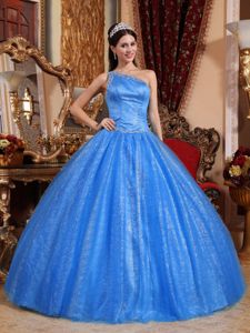 Blue One Shoulder Tulle Quinceanera Gown Dresses with Beading