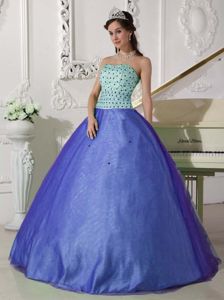 Blue Strapless Floor-length Beaded Tulle Sweet Sixteen Dresses