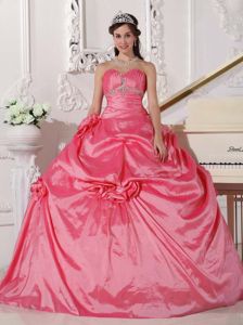 Watermelon Red Sweetheart Beaded Taffeta Quinceanera Dress with Flowers