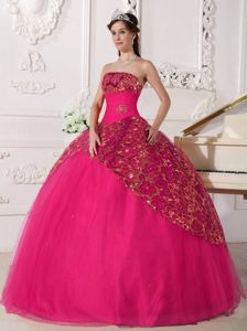 Hot Pink Floor-length Beaded Tulle Quinceanera Dress with Ruches
