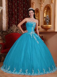 Aqua Blue Tulle Sweet Sixteen Dresses with Appliques and Lace