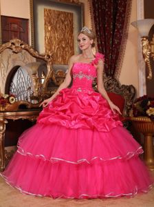Hot Pink One Shoulder Beaded Organza Quinceanera Dress