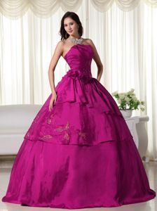 Fuchsia Strapless Taffeta Quinceanera Gown Dresses with Flower