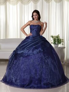Navy Blue Floor-length Beaded Quinceanera Gown Dresses