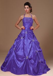 Halter A-Line Beaded Purple Sweet Sixteen Dress with Pick Ups