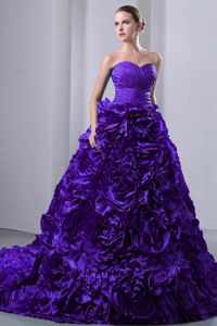 Stunning Brush Train Rolling Flowers Purple Dress for Sweet 16