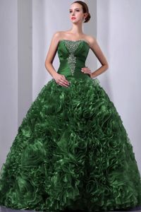 A-line Beaded Dark Green Dress for Quinceaneras with Rolling Flowers