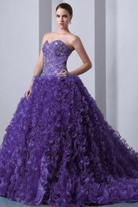 Purple Brush Train Dress for Sweet 15 with Ruffles and Beading