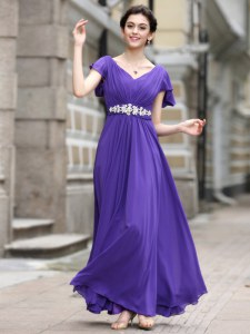 Sweet V-neck Cap Sleeves Chiffon Mother of Bride Dresses Beading and Appliques and Ruching Zipper