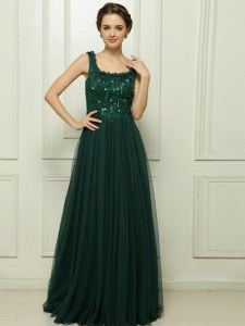 Dark Green Empire Tulle Square Sleeveless Beading With Train Zipper Mother of Groom Dress Sweep Train