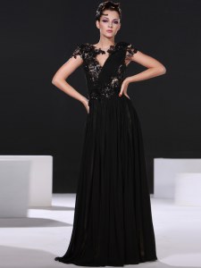 Scoop Black Cap Sleeves Elastic Woven Satin Backless Mother of the Bride Dress for Prom and Party