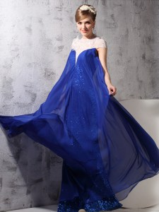 Chiffon and Sequined High-neck Sleeveless Zipper Lace and Sequins Mother of Groom Dress in Royal Blue