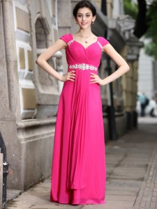 Elegant Hot Pink Mother Dresses Prom and Party and For with Beading V-neck Sleeveless Zipper