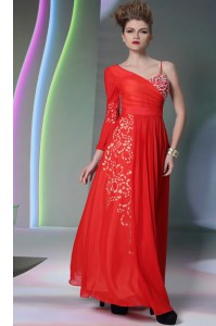 Colorful Floor Length Coral Red Mother of Bride Dresses Chiffon Long Sleeves Beading and Embroidery
