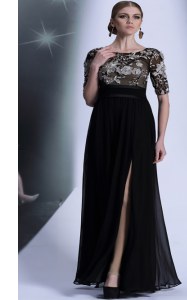 Black Zipper Scoop Beading and Appliques Mother of the Bride Dress Chiffon Half Sleeves