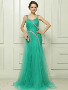 Edgy With Train Turquoise Mother Dresses Organza Brush Train Sleeveless Beading and Ruching
