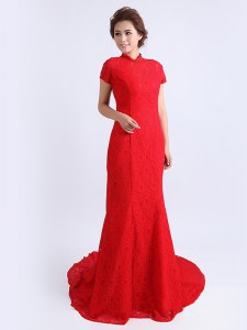 Artistic Red Mother of the Bride Dress Prom and Party and For with Lace High-neck Cap Sleeves Brush Train Backless
