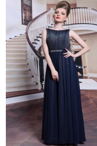 Sleeveless Floor Length Beading and Appliques Zipper Mother of the Bride Dress with Navy Blue