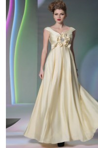 Romantic Scoop Beading and Ruching and Hand Made Flower Mother Dresses Light Yellow Side Zipper Cap Sleeves Floor Length