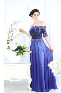 Exceptional Scalloped Blue Half Sleeves Beading and Appliques Floor Length Mother of Groom Dress