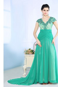 Super With Train Side Zipper Mother of the Bride Dress Turquoise for Prom and Party with Beading and Lace and Ruching Brush Train