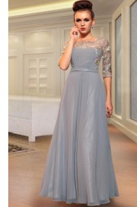 Grey Mother of Bride Dresses Prom and Party and For with Beading and Embroidery Square Half Sleeves Side Zipper