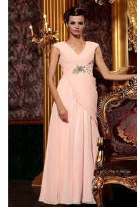 Best Selling Baby Pink Column/Sheath V-neck Cap Sleeves Chiffon Floor Length Side Zipper Beading and Embroidery and Ruching Mother of Bride Dresses