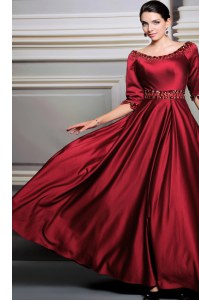 Great Red Zipper Bateau Beading and Belt Mother Dresses Satin Half Sleeves Brush Train
