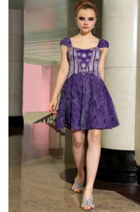 Exquisite Purple Empire Square Sleeveless Lace Mini Length Zipper Beading Mother of Bride Dresses
