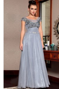 Fantastic Scoop Grey Side Zipper Mother of Groom Dress Beading and Sequins and Ruching and Belt Cap Sleeves Floor Length