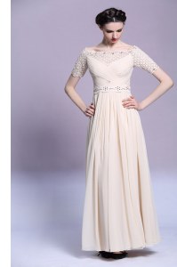 Champagne Column/Sheath Chiffon Bateau Sleeveless Beading and Appliques and Ruching Floor Length Zipper Mother of the Bride Dress