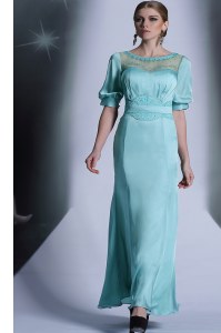 Customized Half Sleeves Chiffon Floor Length Zipper Mother of Groom Dress in Aqua Blue with Sequins and Pleated