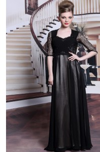 Flare Pleated Black Half Sleeves Chiffon Zipper Mother of Bride Dresses for Prom and Party