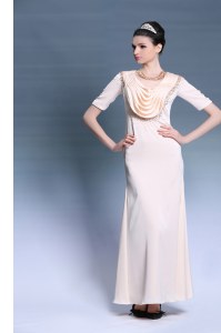 Stunning Champagne Mother of the Bride Dress Prom and Party and For with Beading and Ruching Scoop Short Sleeves Zipper