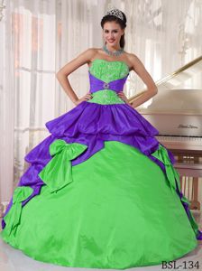 Appliqued Purple and Spring Green Dress for Quince with Bow