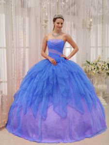 Blue Ball Gown Ruffles Dress for Sweet 16 with Beading and Ruche