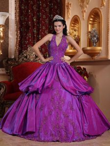 Gorgeous Purple Halter Top Appliques Quinceanera Dress in Taffeta