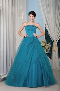 Custom Made Teal Strapless Tulle Sweet 15 Dresses with Appliques