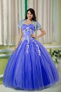 Beading Blue Appliqued Quince Dresses with Sheer Capelet