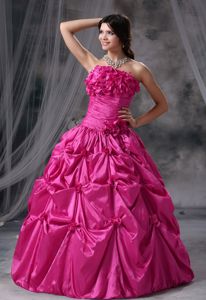 Hot Pink Floral Ruched Bodice Quinceanera Gown with Pick-ups