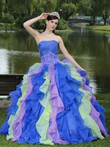 Strapless Appliqued Quince Party Dress with Colorful Ruffles