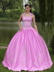 Square Neck Beading Rose Pink Dress for Quince with Embroidery