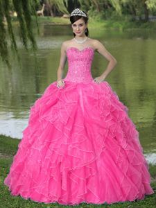 Beading Ruffled Hot Pink Sweet 16 Dresses with Lace Up Back