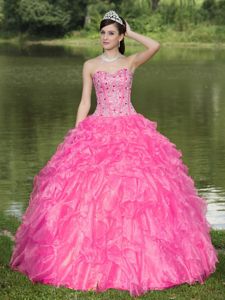 Sweetheart Beading Bodice Hot Pink Dress for Quince with Ruffles