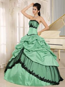 Turquoise Sweet 16 Dresses with Pick-ups and Black Appliques