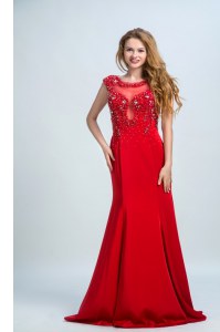 Suitable Mermaid Scoop Beading Mother Dresses Red Side Zipper Sleeveless With Brush Train